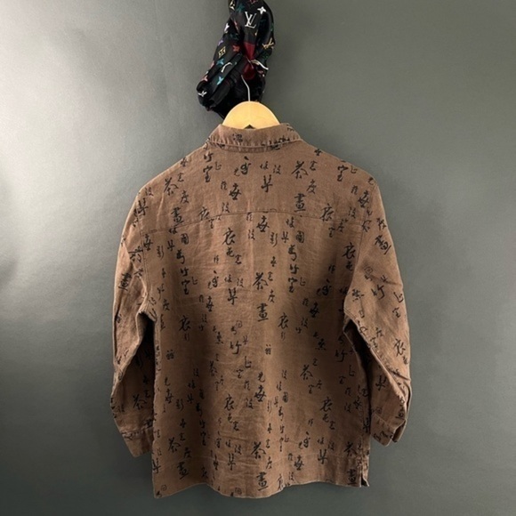 Linen Japanese Kanji Allover Print Boxy Luxury Streetwear Long Sleeve Shirt - Picture 4 of 11